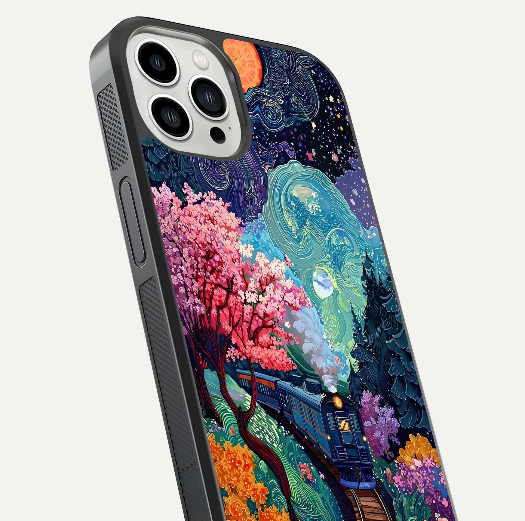 Celestial Train Journey Glass Case for iPhone 13 Pro Max close-up highlighting train lights, cosmic tones, and reflection detail