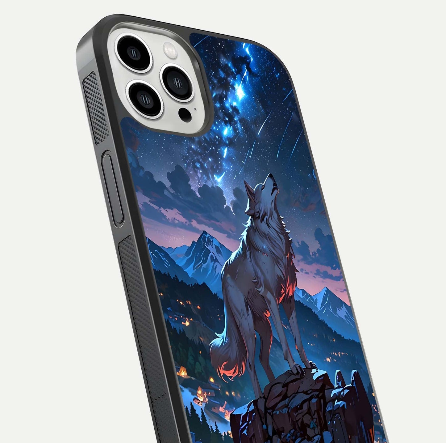 Celestial Wolf Howl Glass Case for iPhone 13 Pro Max close-up showing wolf silhouette and glowing moon reflection