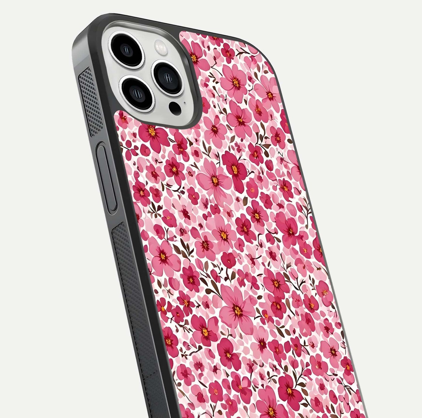 Cherry Blossom Charm Glass Case for iPhone 13 Pro Max close-up highlighting petal gradient and reflection shine