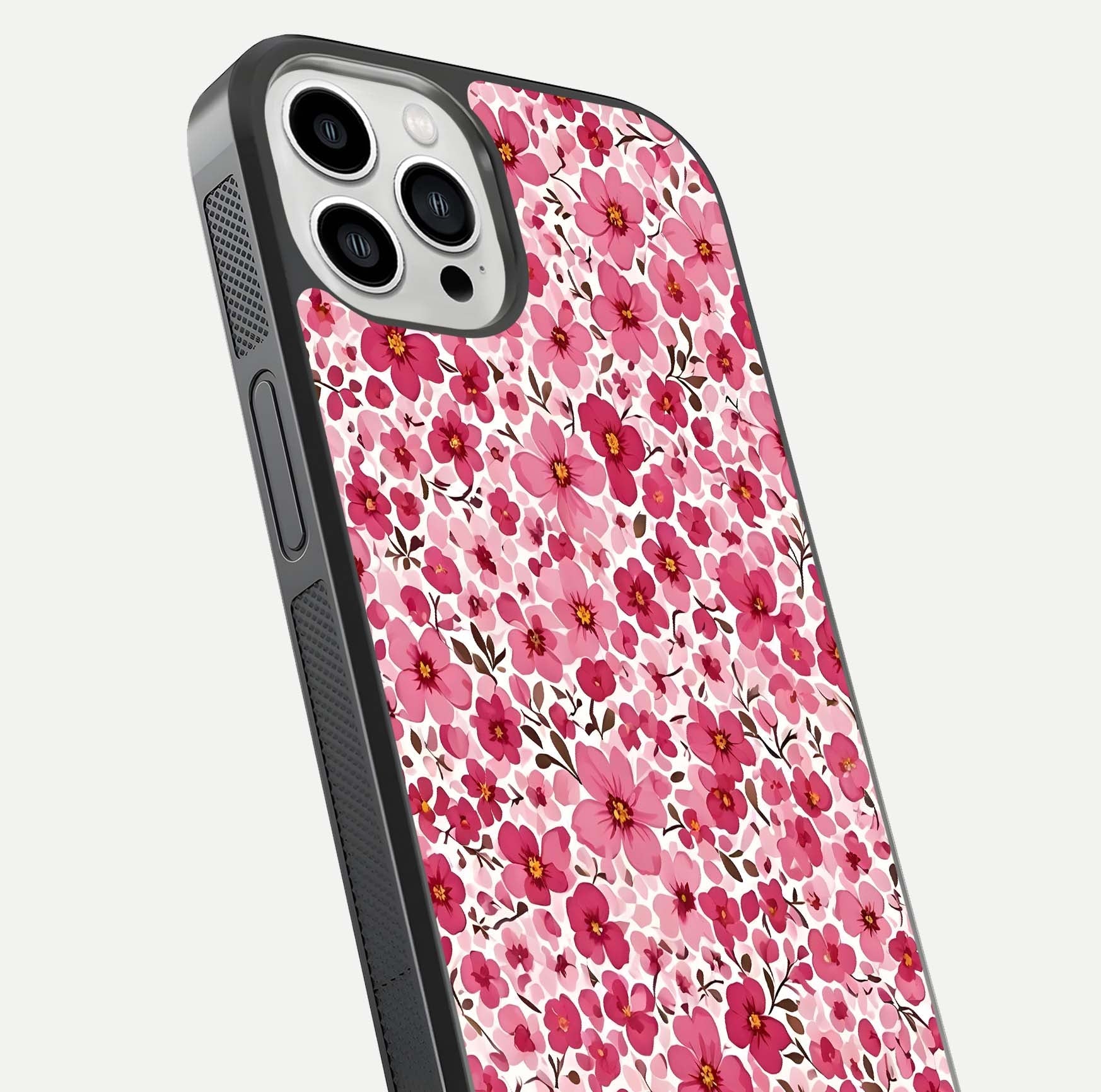 Cherry Blossom Charm Glass Case for iPhone 13 Pro Max close-up highlighting petal gradient and reflection shine