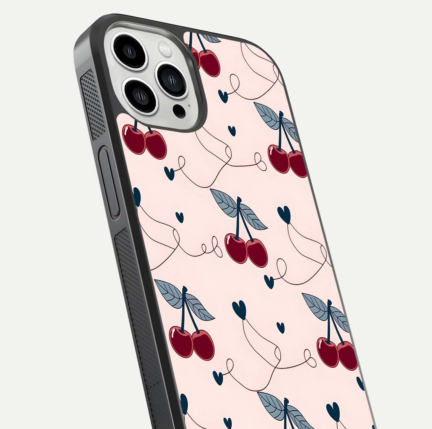 Cherry Heart Line Glass Case for iPhone 13 Pro Max close-up showing heart outline and HD reflection gloss