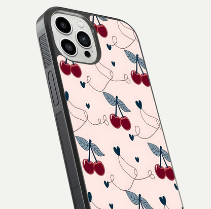 Cherry Heart Line Glass Case for iPhone 13 Pro Max close-up showing heart outline and HD reflection gloss