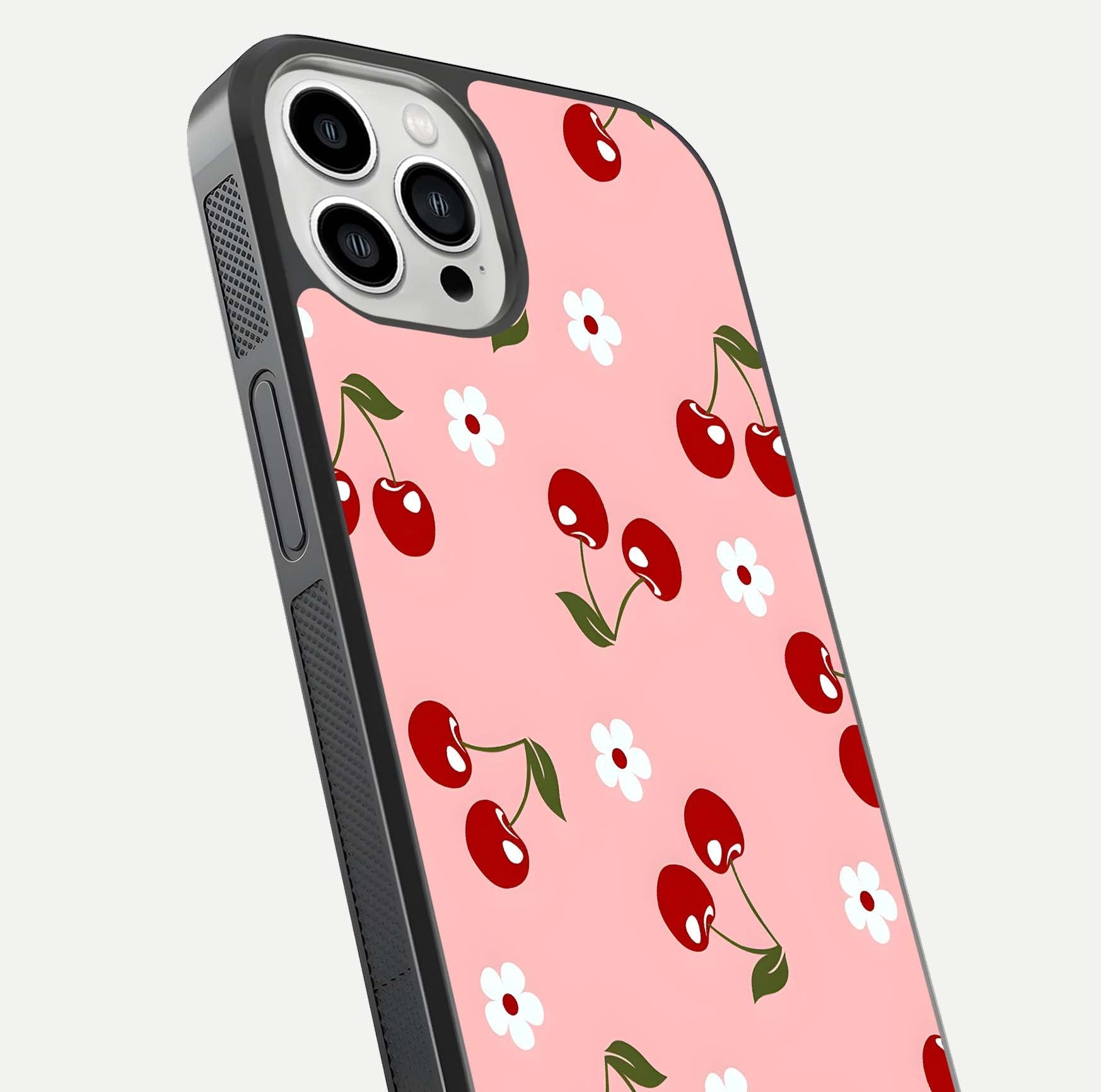 Cherry Love Mood Glass Case for iPhone 13 Pro Max close-up highlighting cherry heart pattern and reflection shine