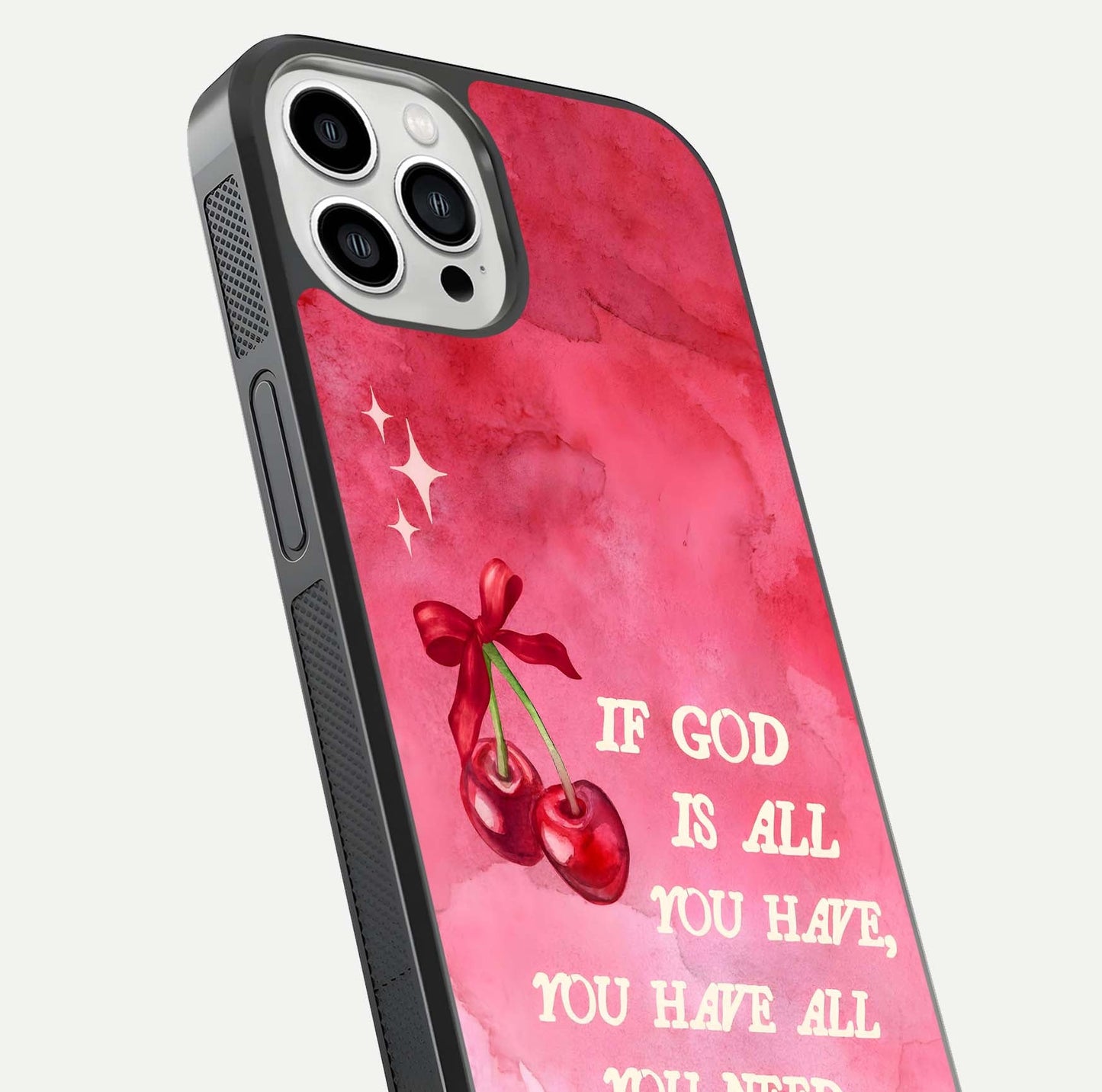 Cherry Quote Glass Case for iPhone 13 Pro Max close-up showing printed quote detail and HD reflection gloss