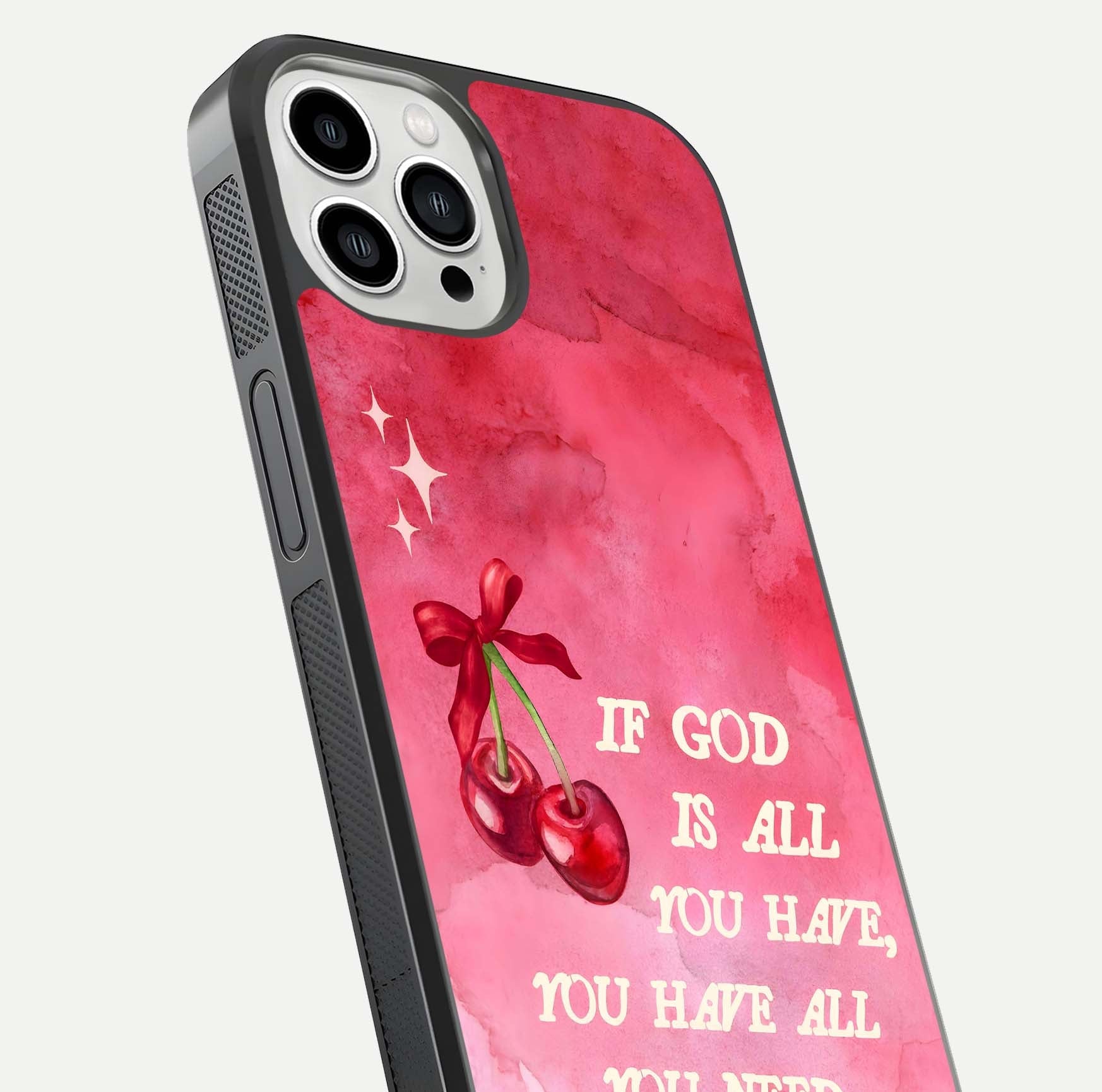 Cherry Quote Glass Case for iPhone 13 Pro Max close-up showing printed quote detail and HD reflection gloss