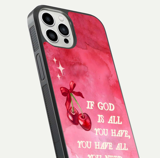 Cherry Quote Glass Case for iPhone 13 Pro Max close-up showing printed quote detail and HD reflection gloss