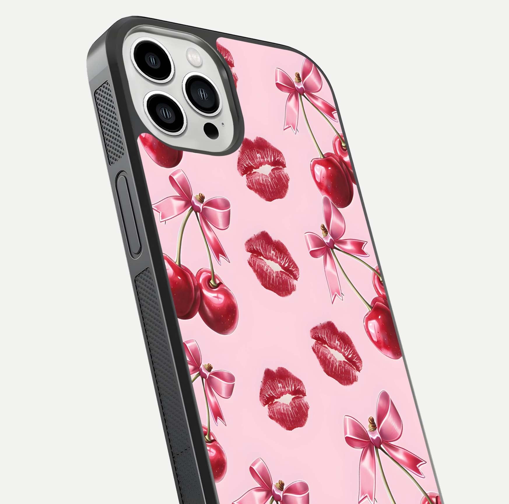 Cherry With Lips Glass Case for iPhone 13 Pro Max close-up view highlighting lips texture and reflection shine