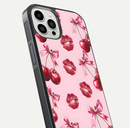Cherry With Lips Glass Case for iPhone 13 Pro Max close-up view highlighting lips texture and reflection shine