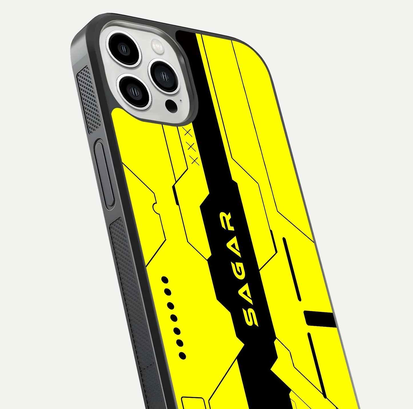 Circuit CYBERPUNK Custom Name Glass Case for iPhone 13 Pro Max close-up highlighting neon lines, futuristic tones, and gloss reflection
