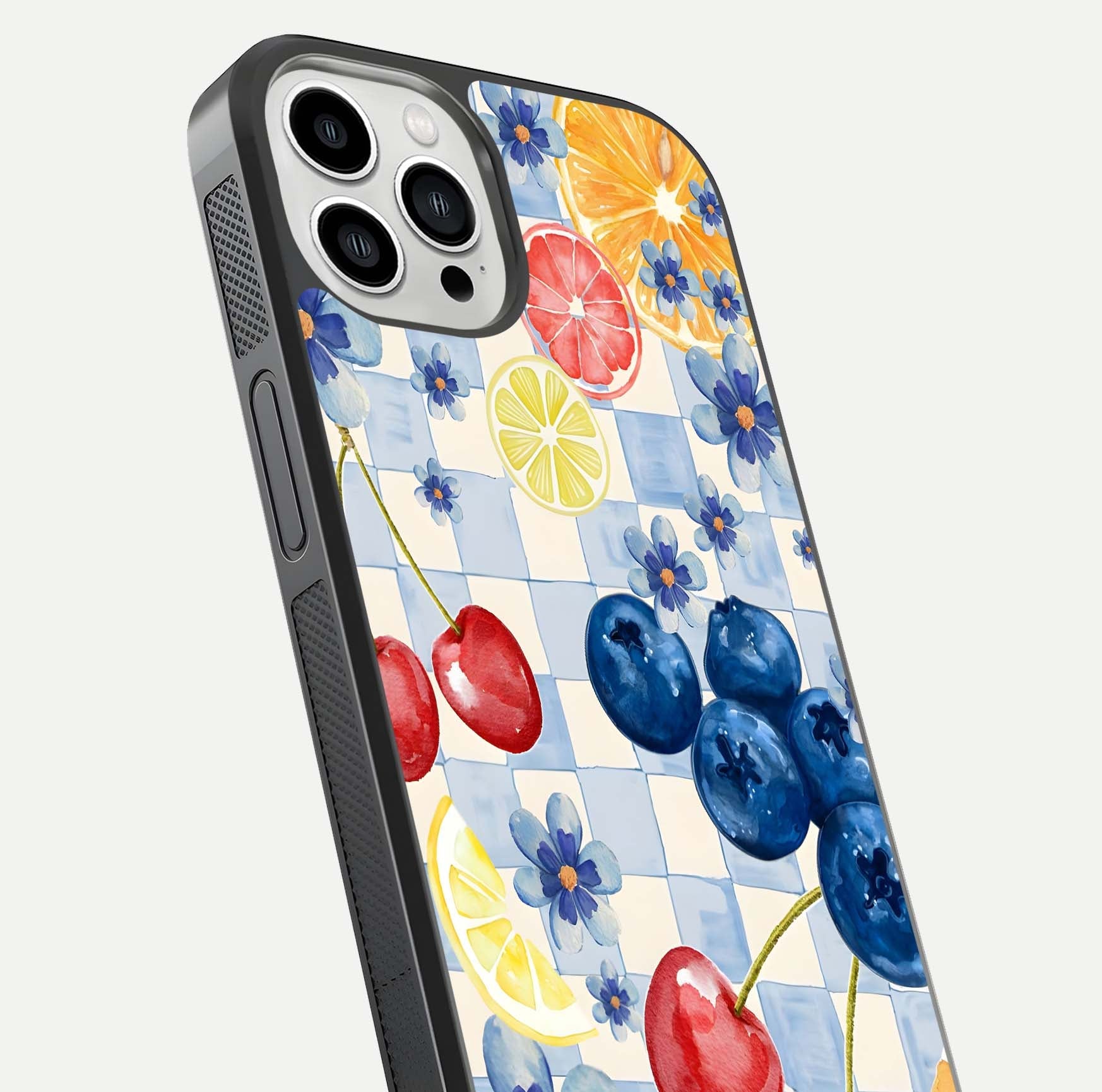 Citrus Bloom Joy Glass Case for iPhone 13 Pro Max close-up highlighting orange blossoms and reflection detail