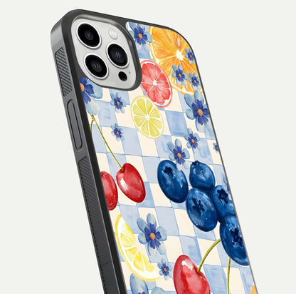 Citrus Bloom Joy Glass Case for iPhone 13 Pro Max close-up highlighting orange blossoms and reflection detail