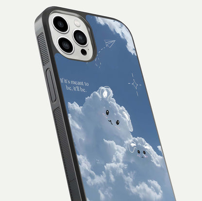Cloud Bunny Dreams Glass Case for iPhone 13 Pro Max close-up showing bunny art, dreamy clouds, and HD shine