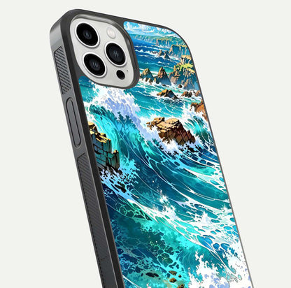 Coastal Blue Waves Glass Case for iPhone 13 Pro Max close-up highlighting wave texture and blue shine