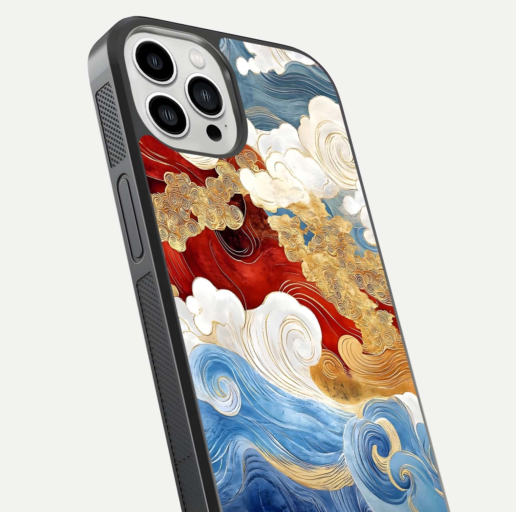 Colored Waves Glass Case for iPhone 13 Pro Max close-up angled shot highlighting gradient flow and light reflection
