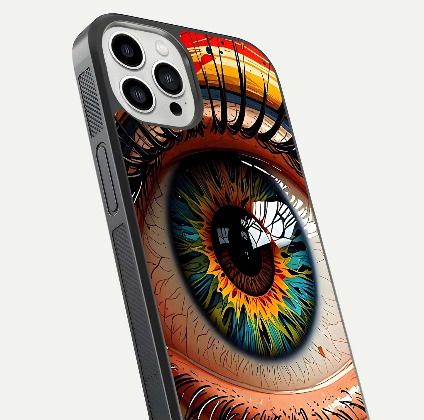 Colorful Eye Glass Case for iPhone 13 Pro Max close-up highlighting eye pattern detail and reflection shine