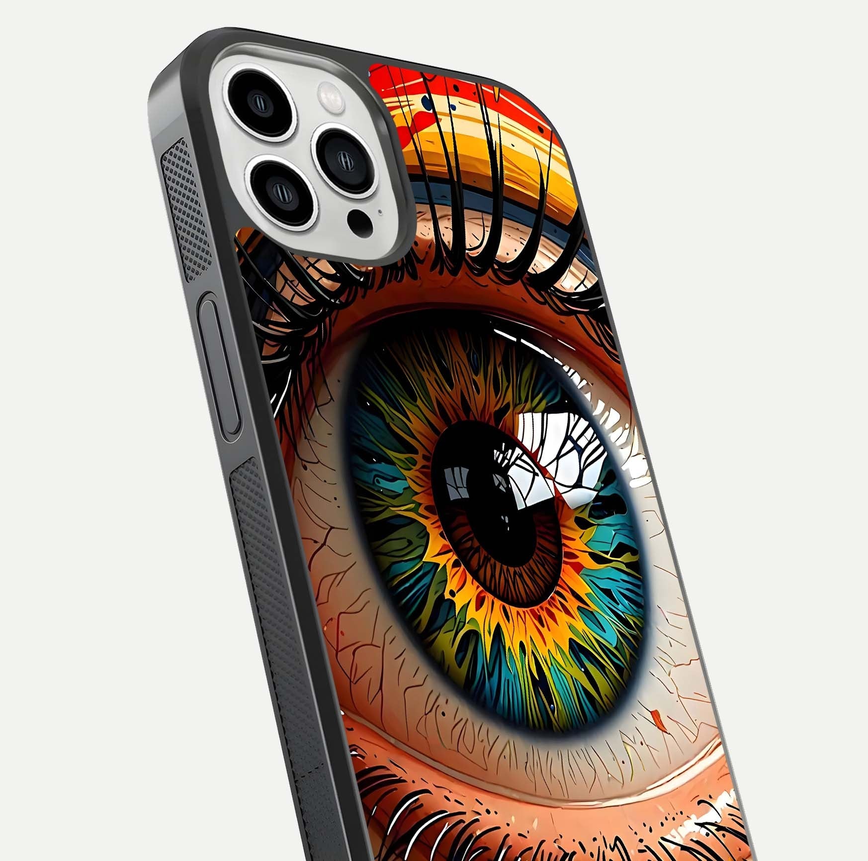 Colorful Eye Glass Case for iPhone 13 Pro Max close-up highlighting eye pattern detail and reflection shine