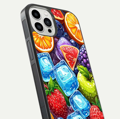 Colorful Fruits with Ice Glass Case for iPhone 13 Pro Max close-up highlighting fruit color and reflection glow