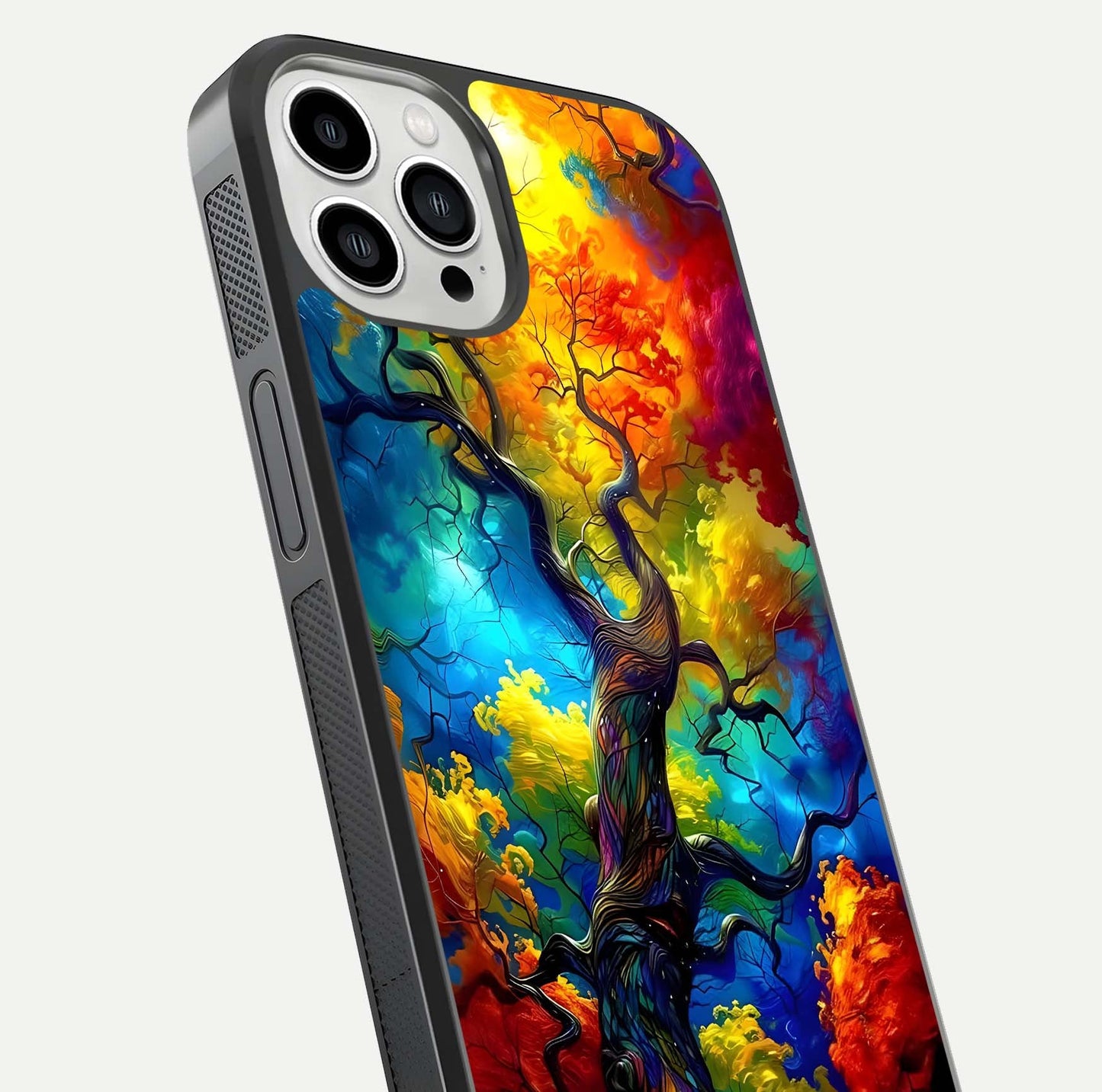 Colorful Tree Glass Case for iPhone 13 Pro Max close-up highlighting leaf detail, gradient colors, and shine