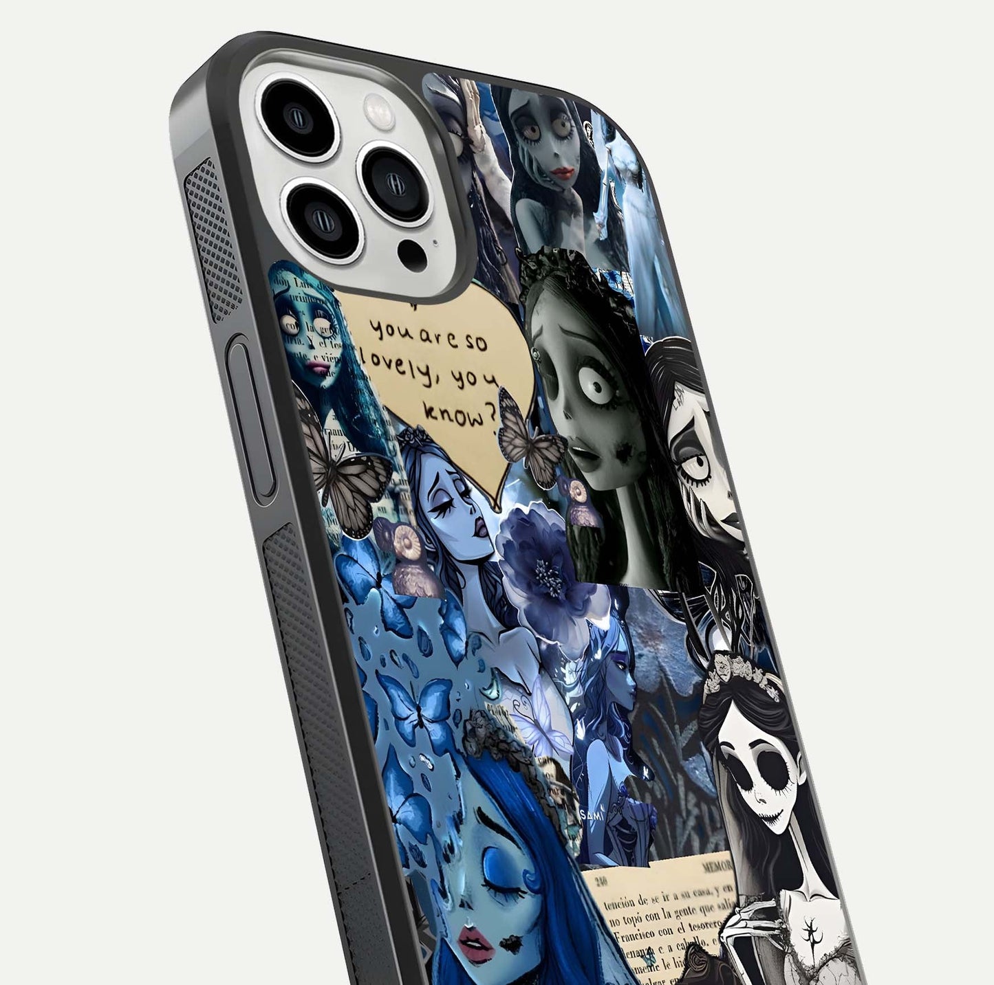 Corpse Bride Posters Glass Case for iPhone 13 Pro Max close-up highlighting detailed artwork and reflection polish