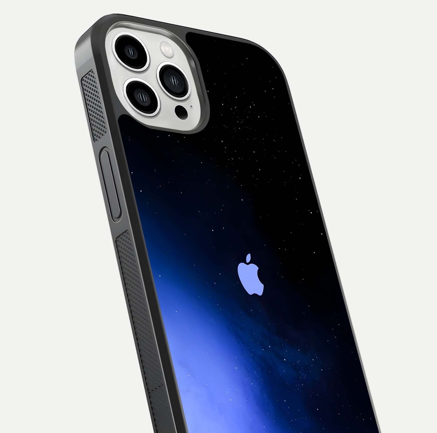 Cosmic Blue Apple Glass Case for iPhone 13 Pro Max close-up highlighting galaxy pattern, shine, and reflection detail