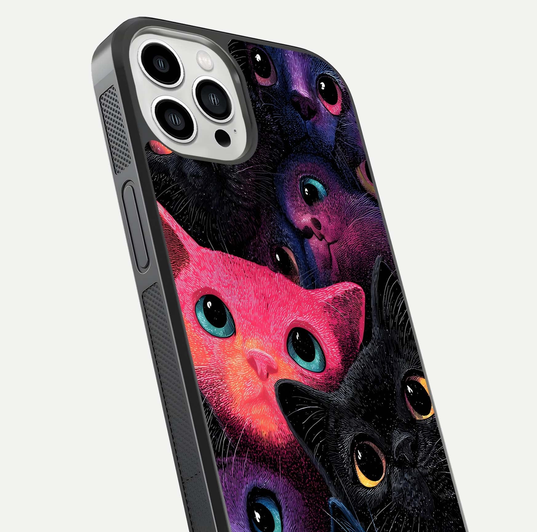 Cosmic Cats Dreams Glass Case for iPhone 13 Pro Max close-up highlighting cats and cosmic glow reflection