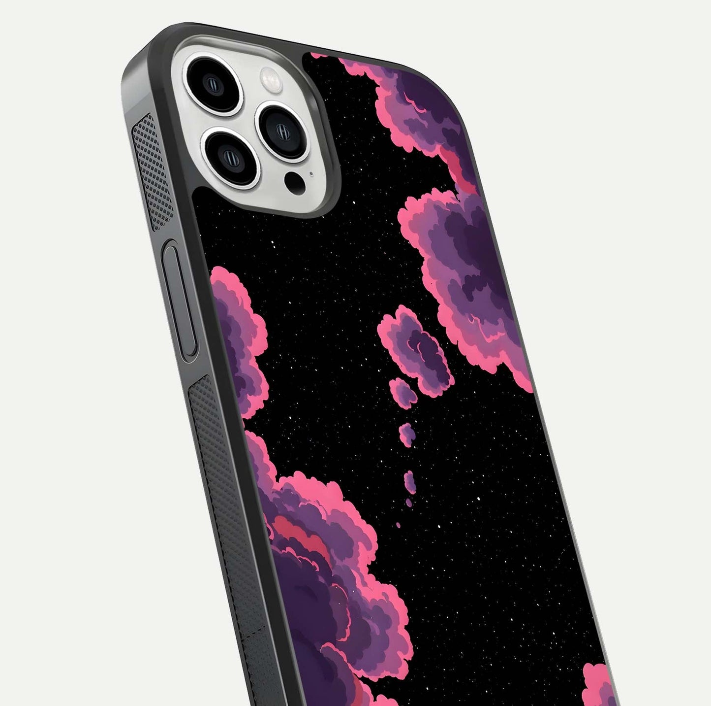 Cosmic Cloud Journey Glass Case for iPhone 13 Pro Max close-up highlighting star clusters and reflection texture