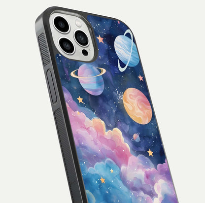 Cosmic Planet Dreams Glass Case for iPhone 13 Pro Max close-up highlighting planetary details and reflection glow
