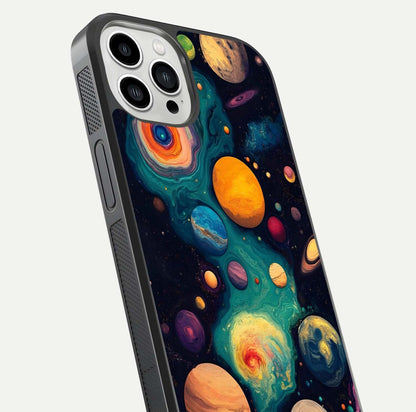 Cosmic Planet Journey Glass Case for iPhone 13 Pro Max close-up highlighting planets, stars, and shine reflection