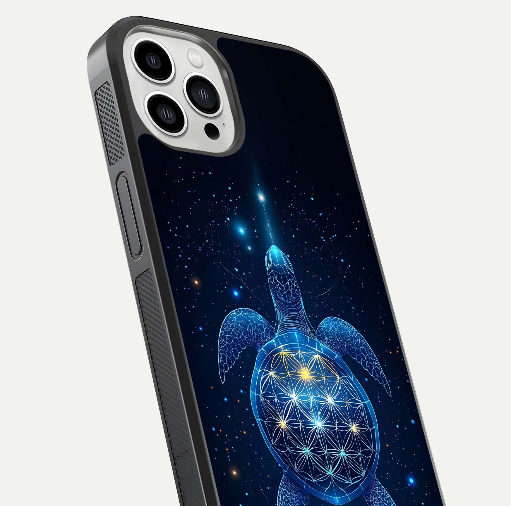 Crimson Blue Turtle Glass Case for iPhone 13 Pro Max close-up highlighting turtle shell detail and shine reflection