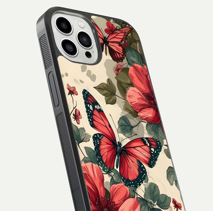 Crimson Butterfly Garden Glass Case for iPhone 13 Pro Max close-up showing wing detail and reflection shine