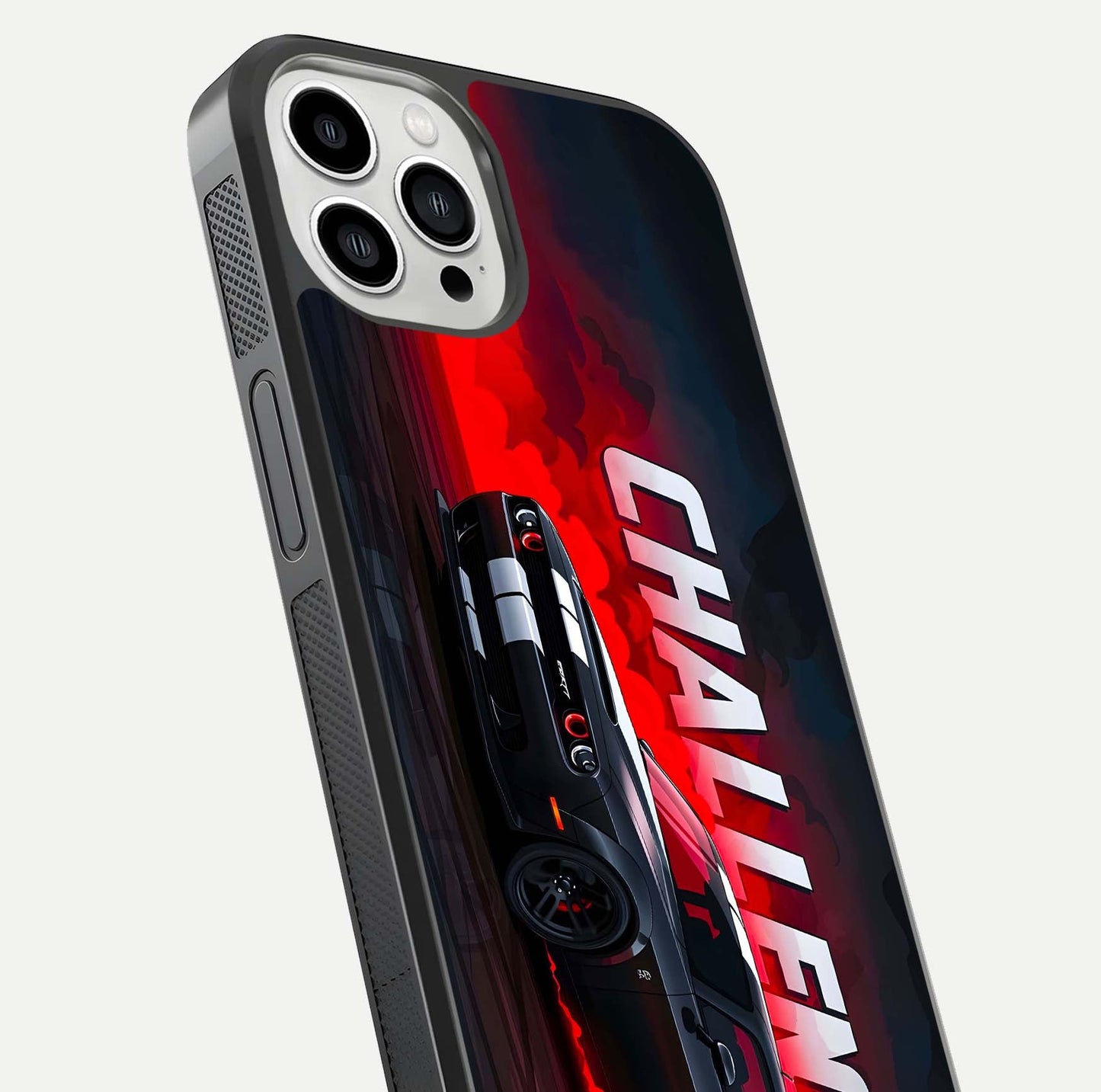 Crimson Challenger Fury Glass Case for iPhone 13 Pro Max close-up highlighting car details and reflection depth