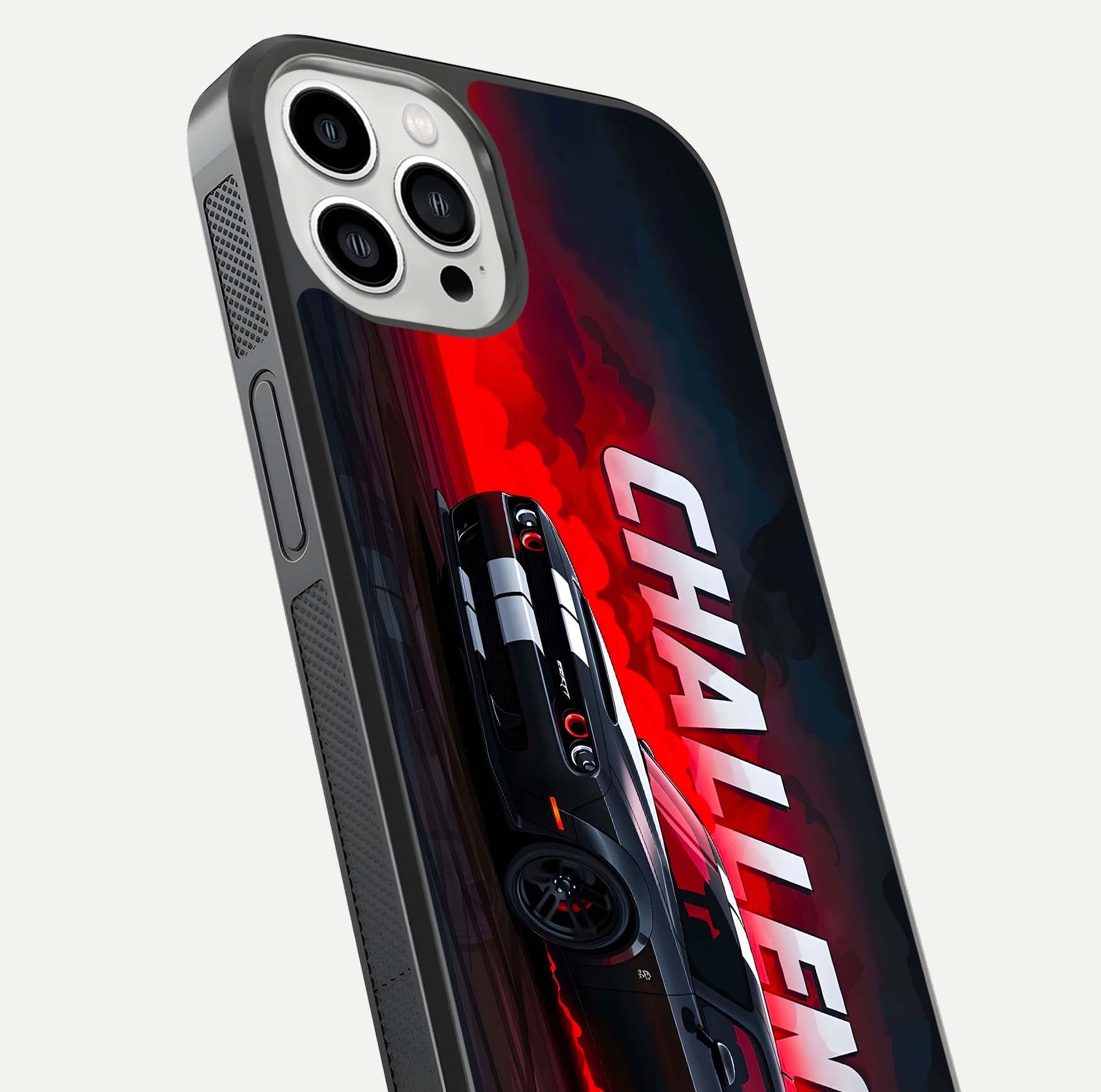 Crimson Challenger Fury Glass Case for iPhone 13 Pro Max close-up highlighting car details and reflection depth