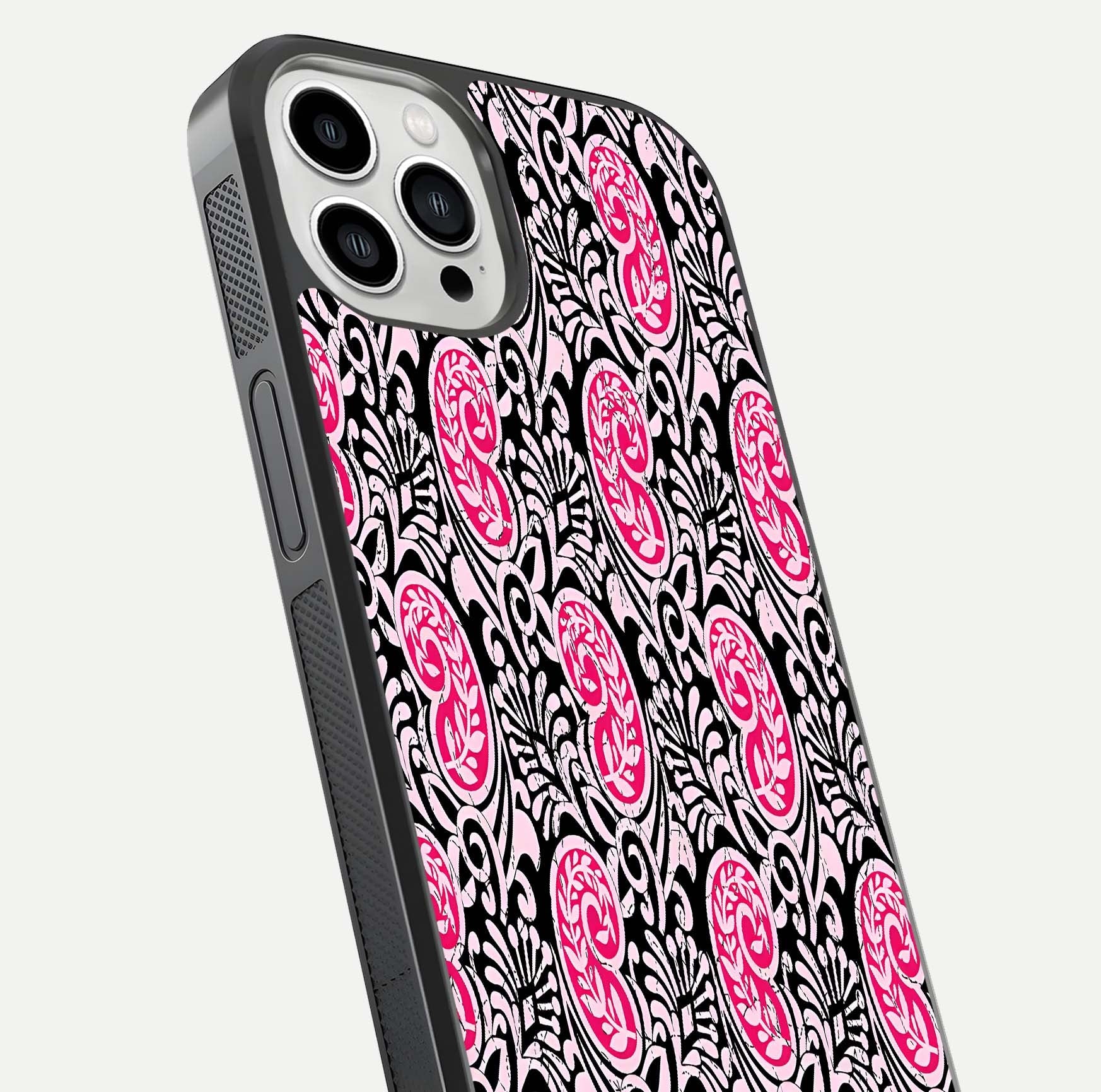Crimson Paisley Charm Glass Case for iPhone 13 Pro Max close-up highlighting fine pattern detail and reflection tone