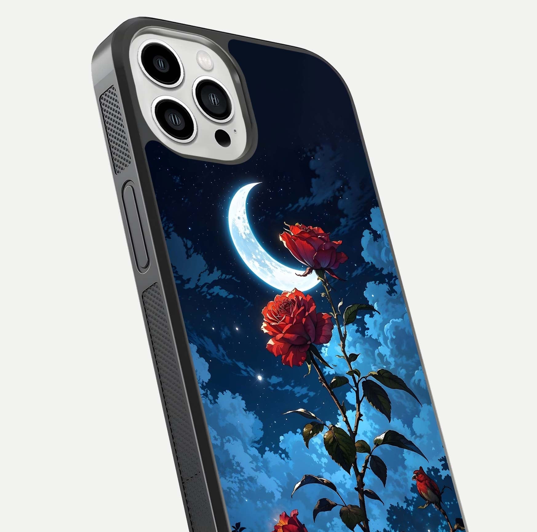 Crimson Rose Moon Glass Case for iPhone 13 Pro Max close-up showing rose detail and reflection highlight