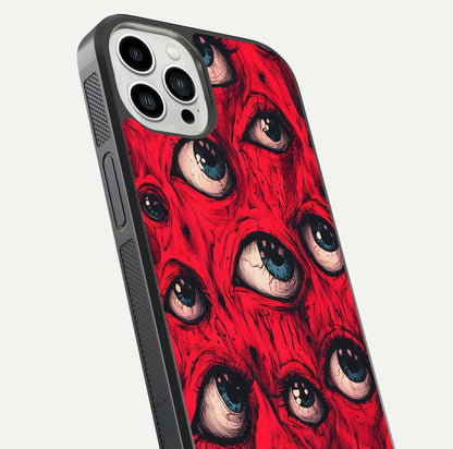 Crimson Watch Eyes Glass Case for iPhone 13 Pro Max close-up highlighting graphic detail and reflection