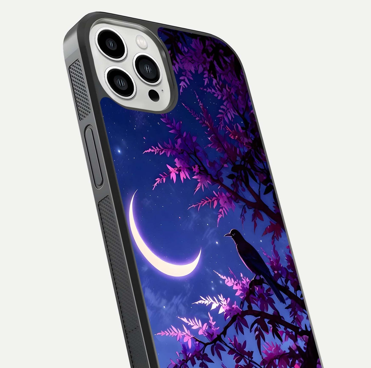 Crow & Moon Scenery Glass Case for iPhone 13 Pro Max close-up highlighting moon detail, dark tones, and glass reflection