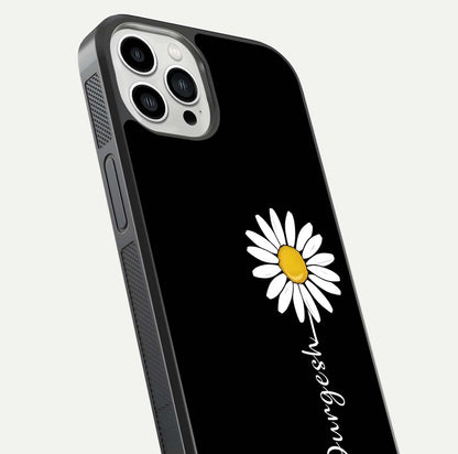 Custom Name White Flower Glass Case for iPhone 13 Pro Max close-up highlighting petals, name print, and reflection polish