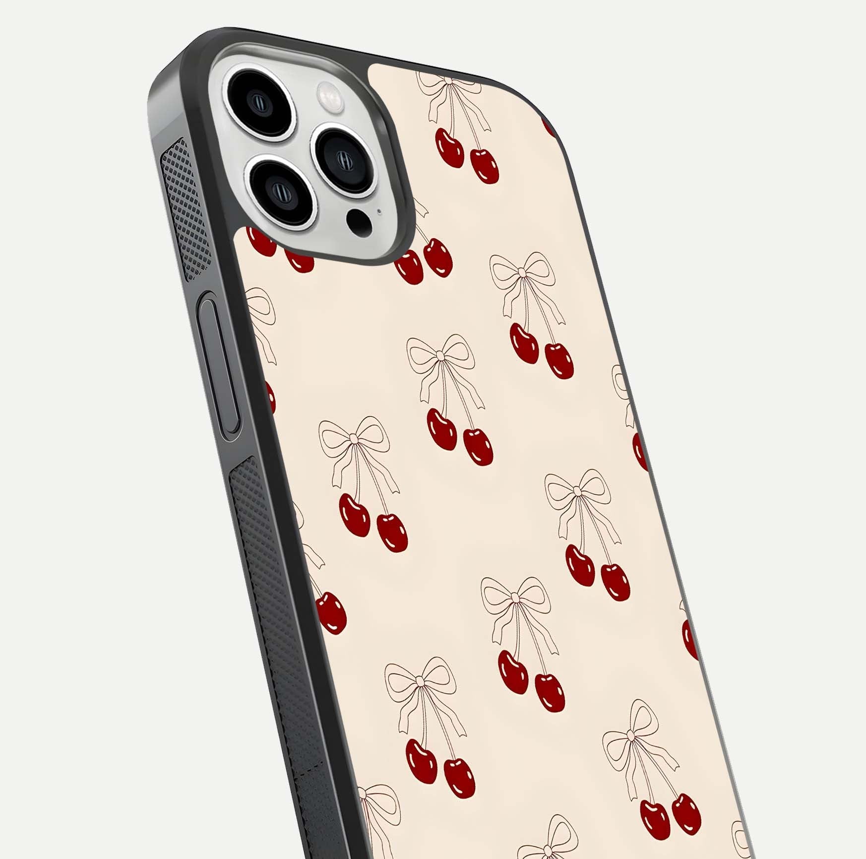 Cute Cherry Pattern Glass Case for iPhone 13 Pro Max close-up showing cherry cluster details and light reflection