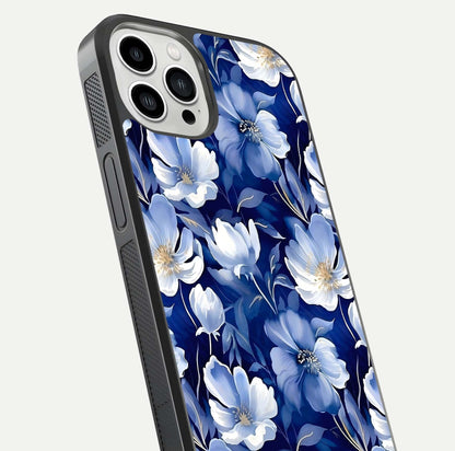 Cute Floral Patterns Glass Case for iPhone 13 Pro Max close-up highlighting flowers and gloss reflection