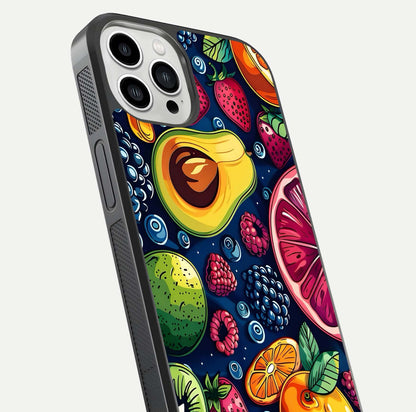 Cute Fruits Art Glass Case for iPhone 13 Pro Max close-up highlighting fruit shapes, color tones, and reflection polish