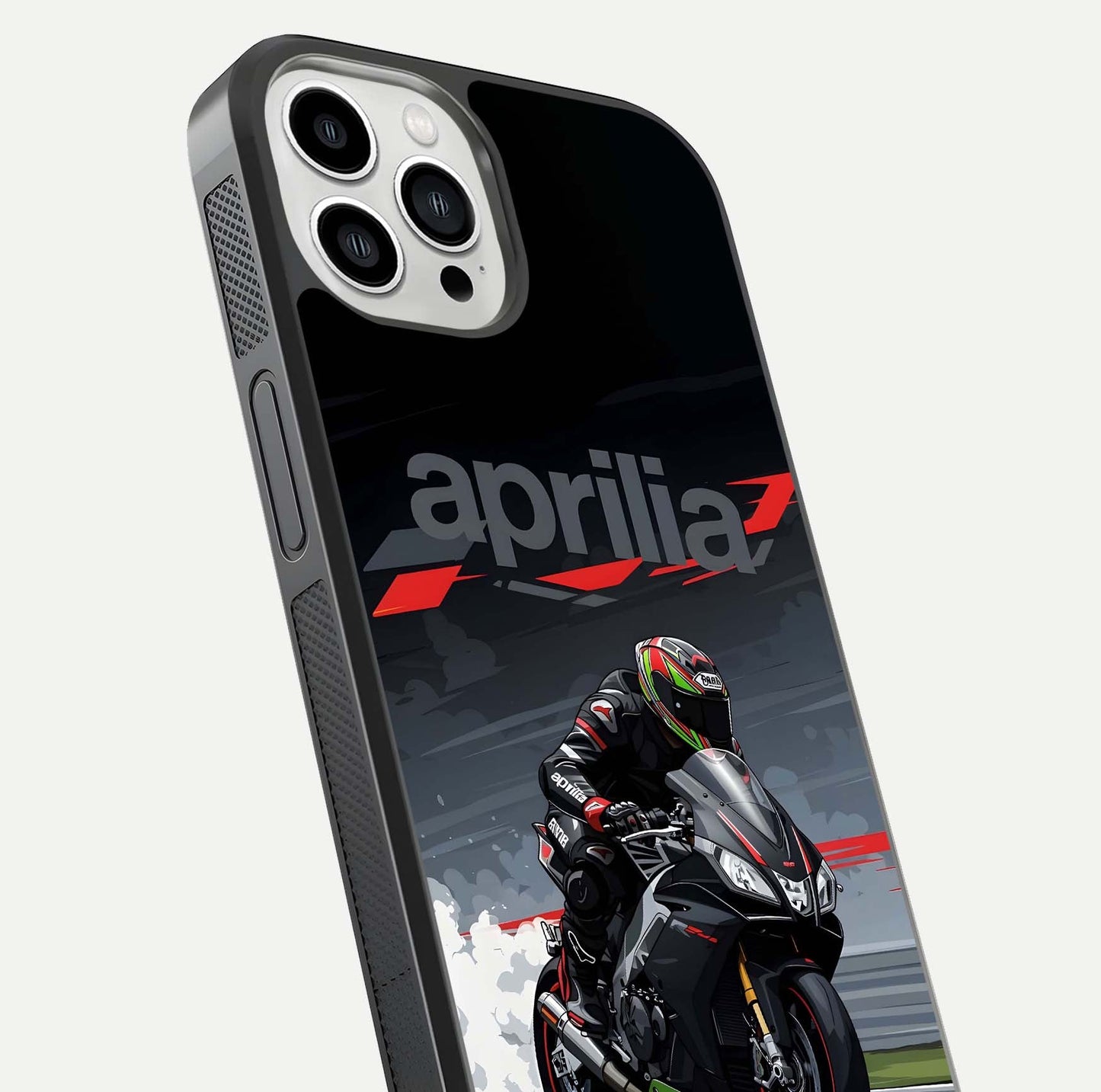 Dark Aprilla Glass Case for iPhone 13 Pro Max close-up highlighting detailing and reflection effect
