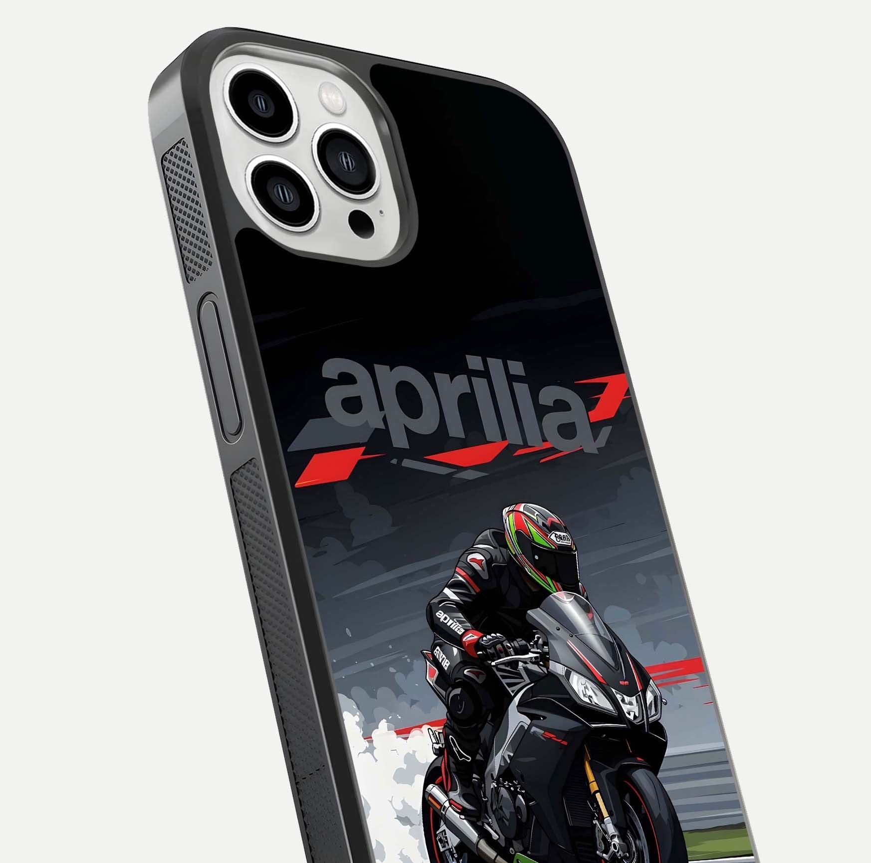 Dark Aprilla Glass Case for iPhone 13 Pro Max close-up highlighting detailing and reflection effect