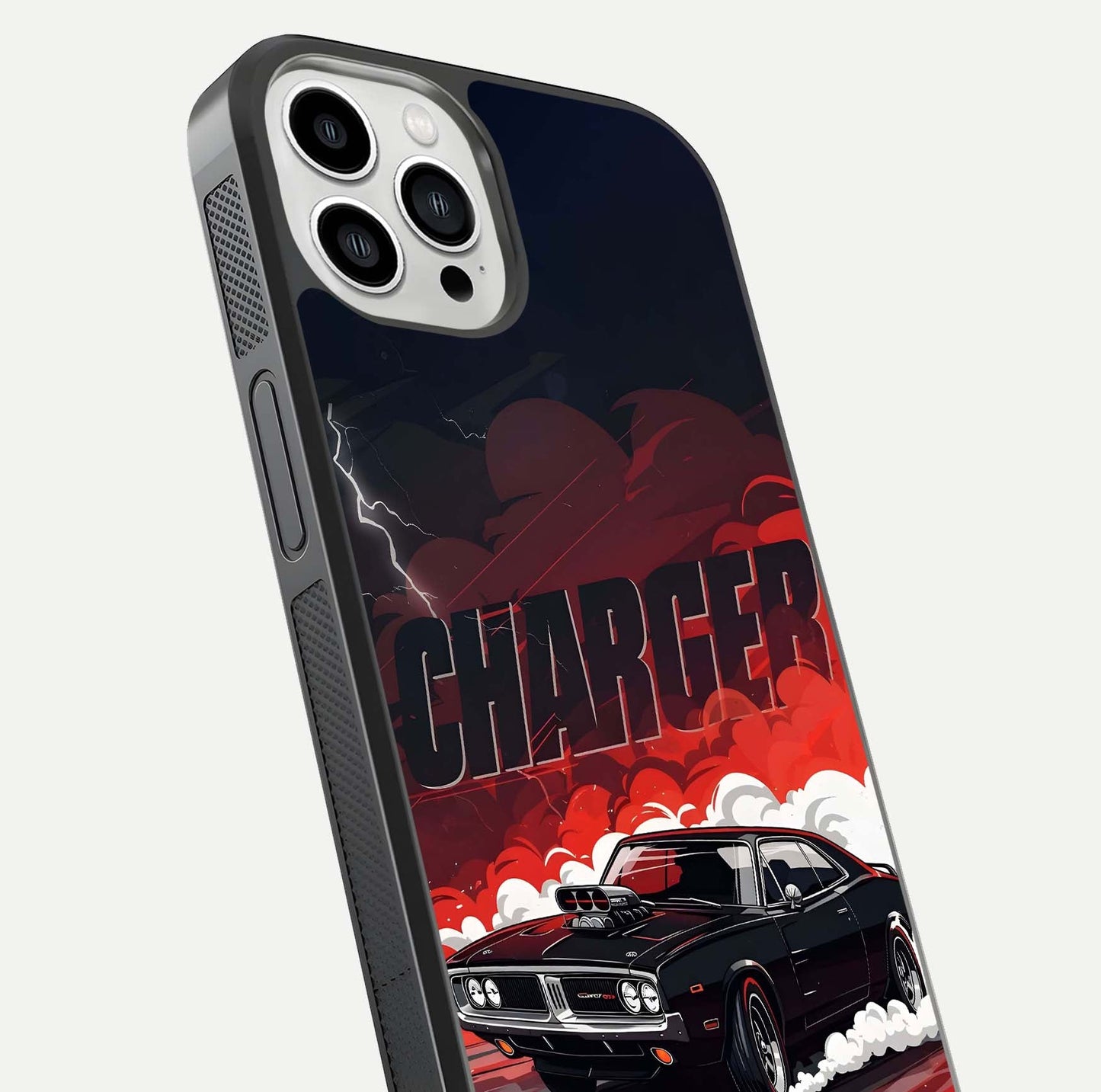 Dark Charger Fury Glass Case for iPhone 13 Pro Max close-up highlighting car reflection and light gloss