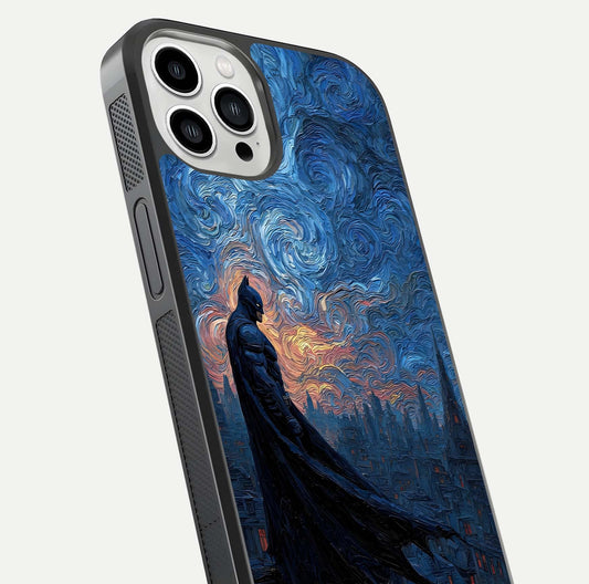 Dark Knight Dusk Glass Case for iPhone 13 Pro Max close-up highlighting dark suit texture and reflection detail