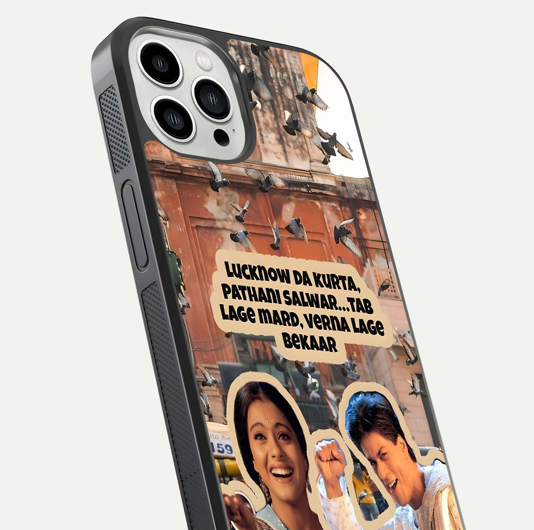 Desi Retro Vibes Glass Case for iPhone 13 Pro Max close-up highlighting retro color palette and reflection glow