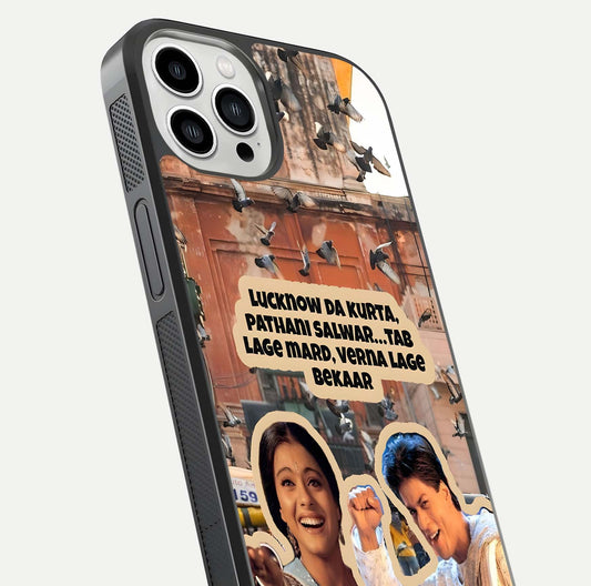 Desi Retro Vibes Glass Case for iPhone 13 Pro Max close-up highlighting retro color palette and reflection glow