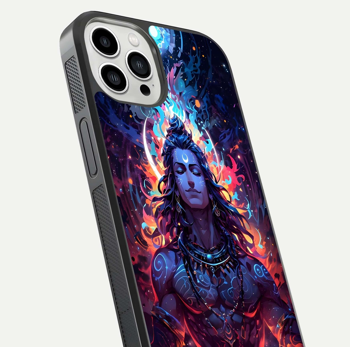 Divine Fire Shiv Glass Case for iPhone 13 Pro Max close-up highlighting divine detailing and reflection depth