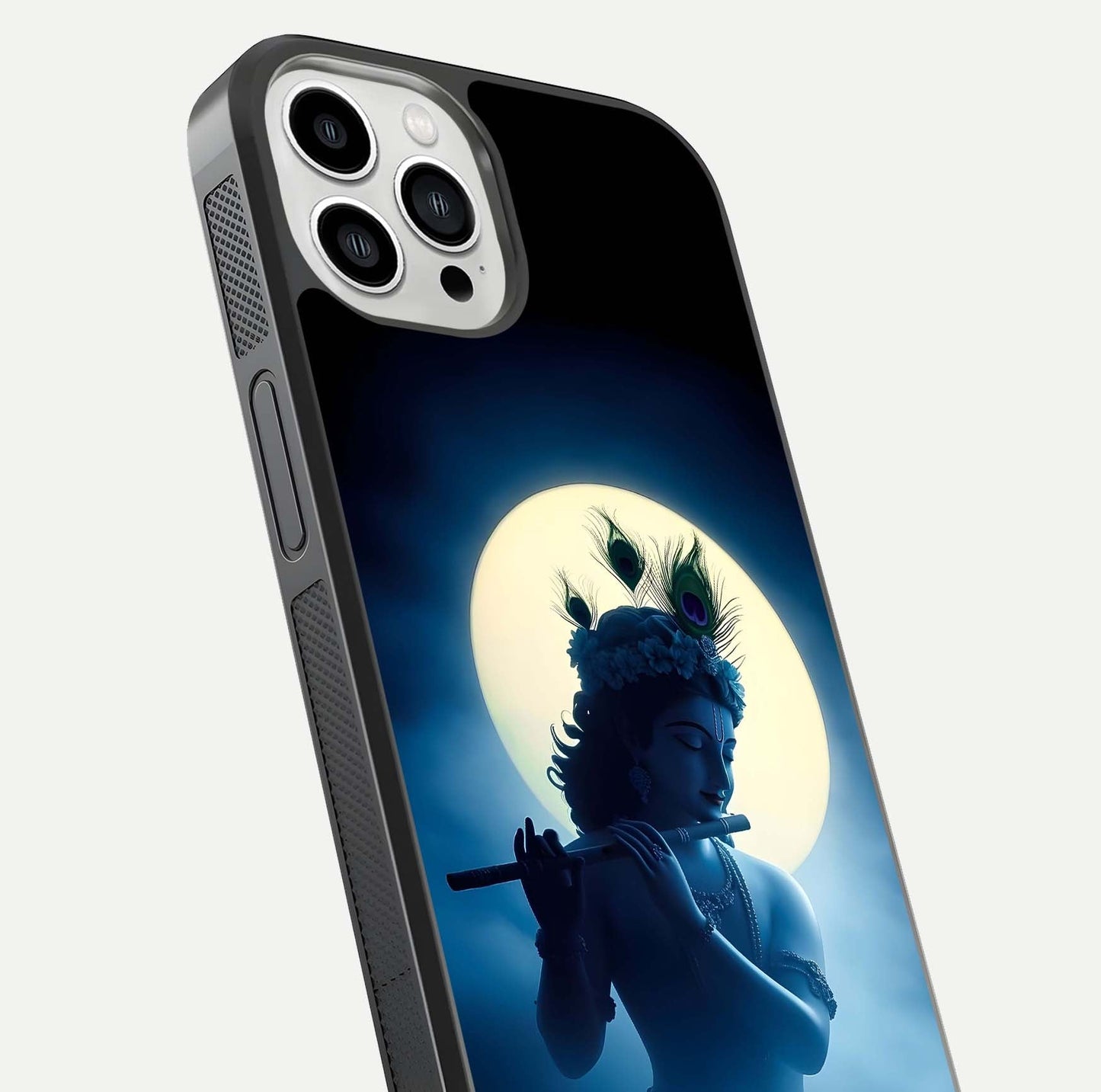 Divine Moon Flute Glass Case for iPhone 13 Pro Max close-up highlighting flute detail and reflection shine