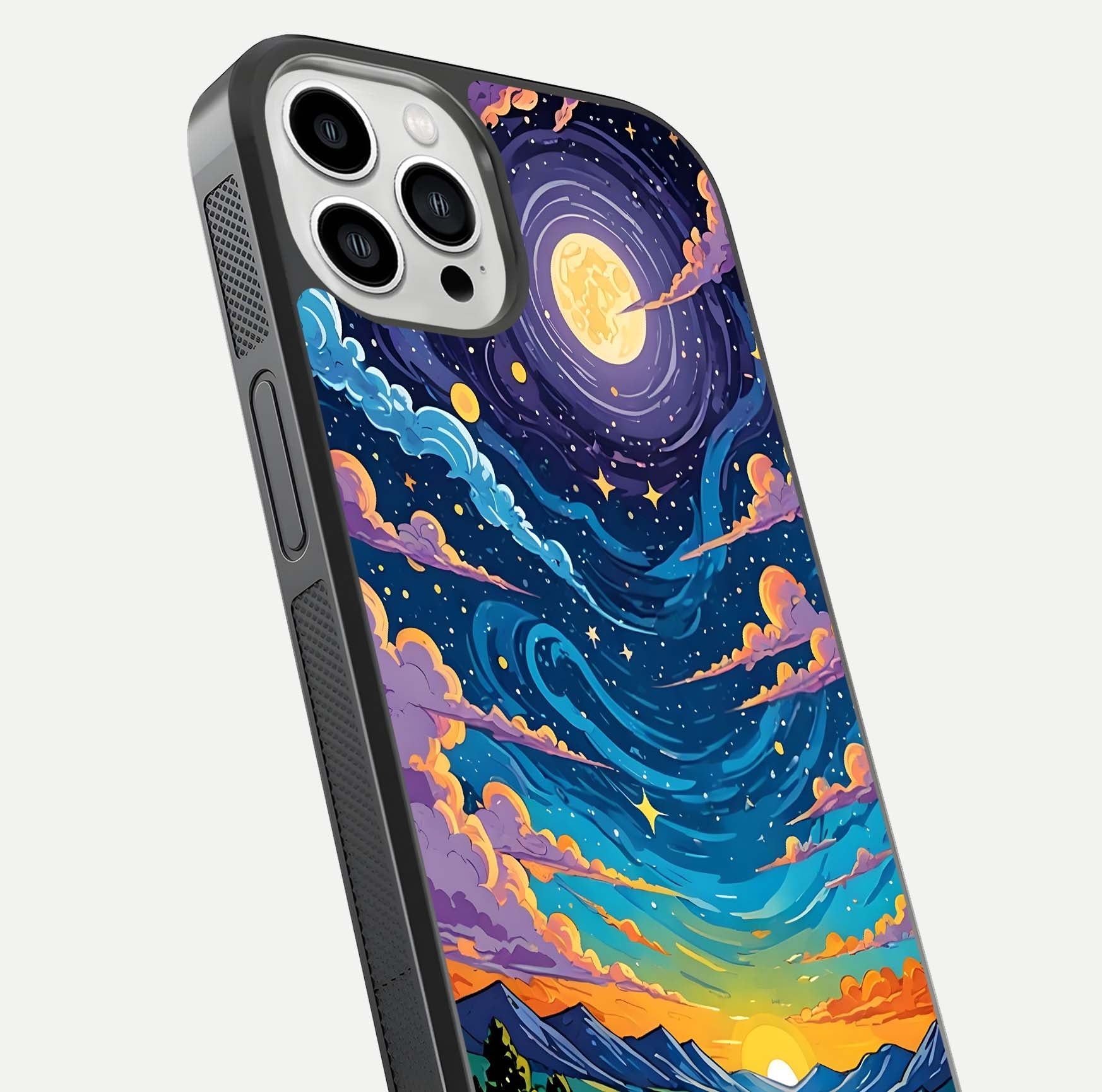Dreamy Night Landscape Glass Case for iPhone 13 Pro Max close-up highlighting stars and reflection tone