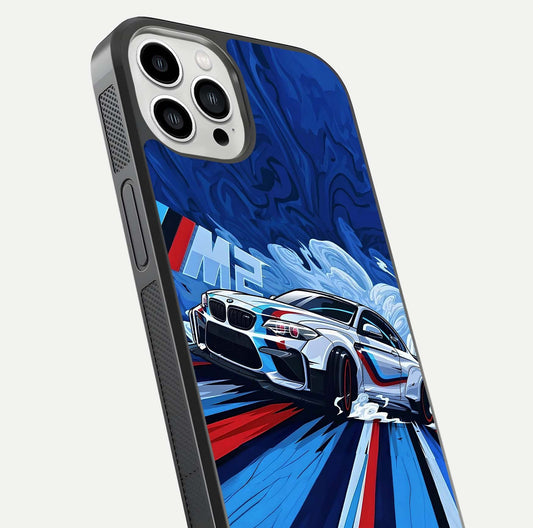 Drift Power Rush Glass Case for iPhone 13 Pro Max close-up highlighting car reflection and metallic tones